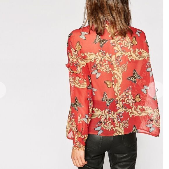The Kooples Royal Butterfly 100% Silk Sheer Gold Bold Print Boxy Blouse XS - Picture 3 of 8